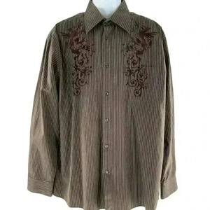 Eighty-Eight Men's Brown Stripes 100% Cotton Embroidered Button Up Shirt Size XL